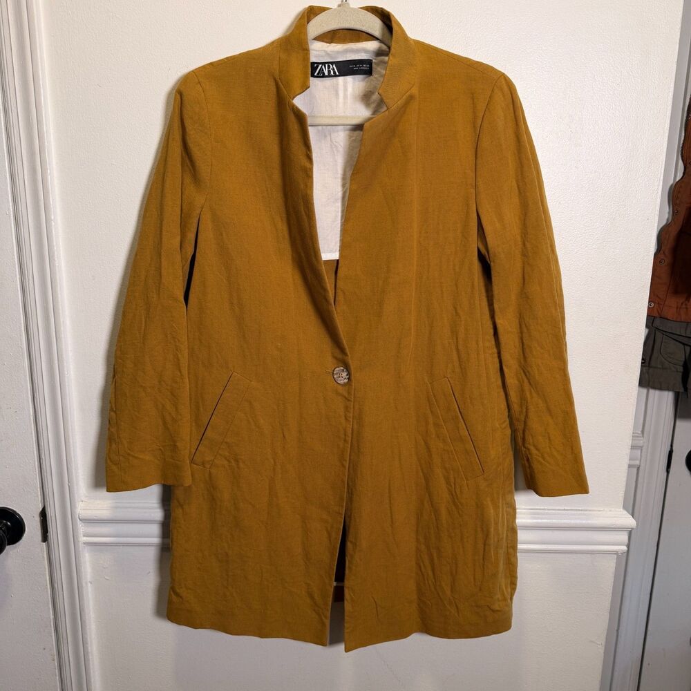 Zara Womens M Mustard Cotton Linen Long Blazer Jacket Single Button Minimalist